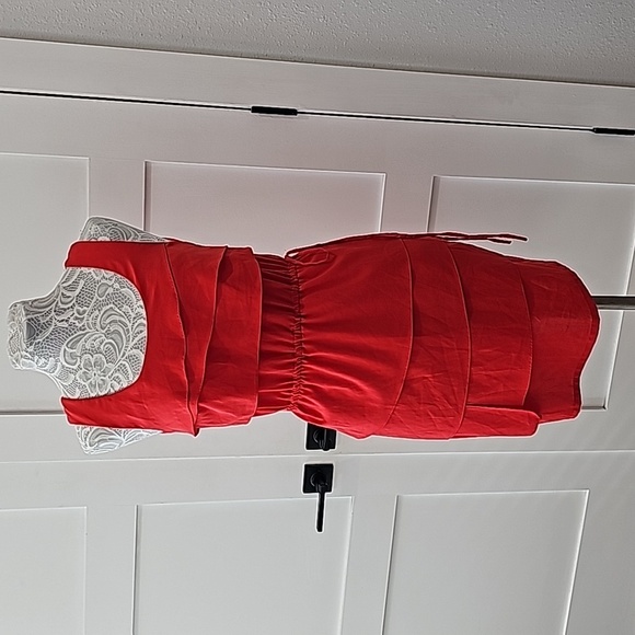 Calvin Klein size 4 red-orange cinched waist ruffle mini. - Picture 1 of 7